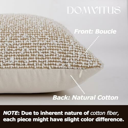 Close-up of a pillow with boucle front and natural cotton back, showing texture and fabric details.