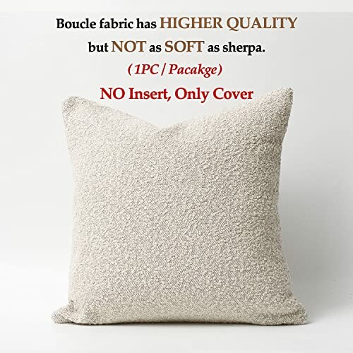 Boucle fabric cushion cover with text about quality and softness.