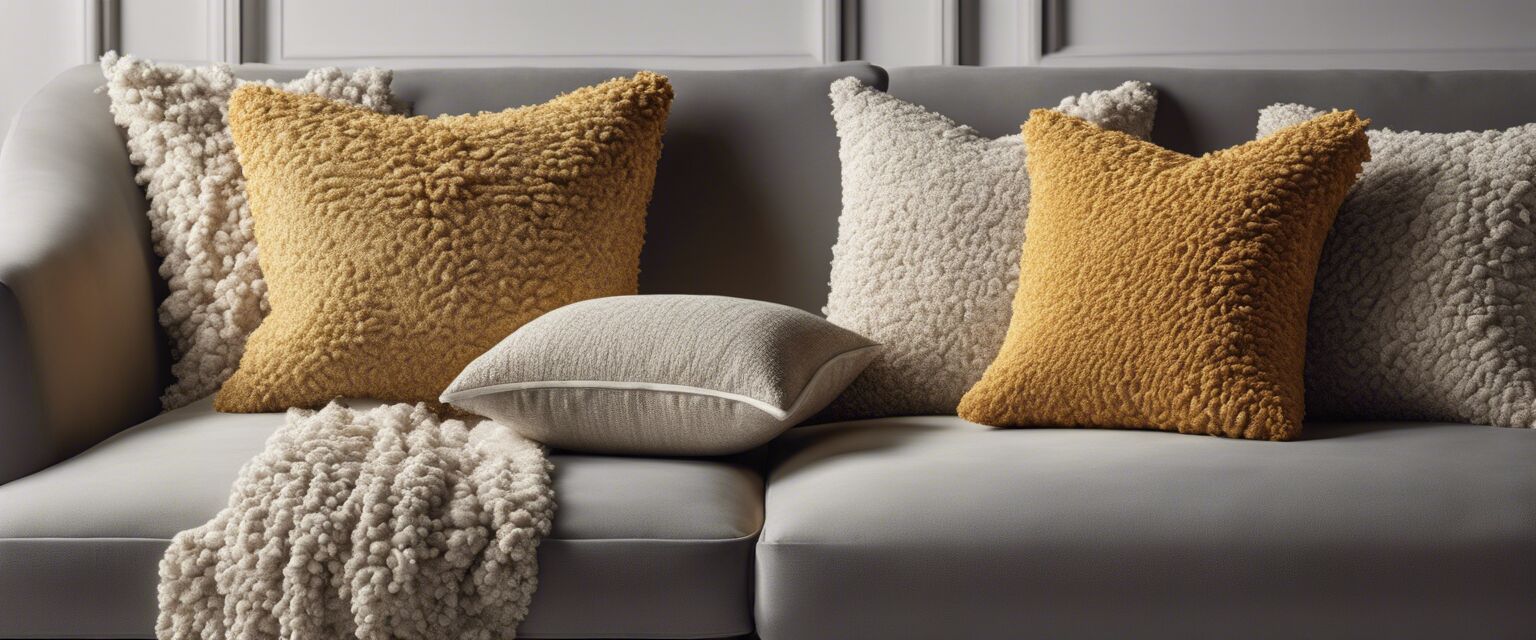 Boucle pillows and throws on a sofa