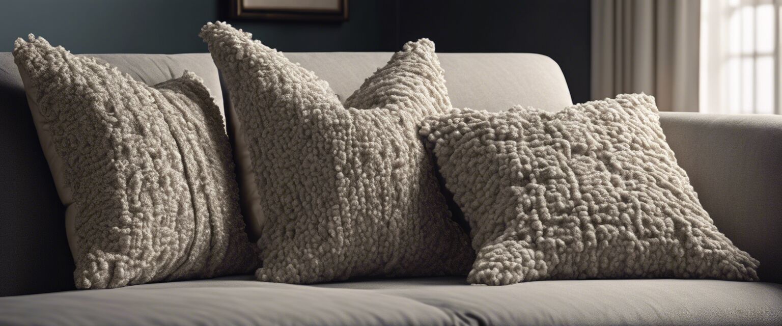 Display of boucle throws and pillows on a sofa