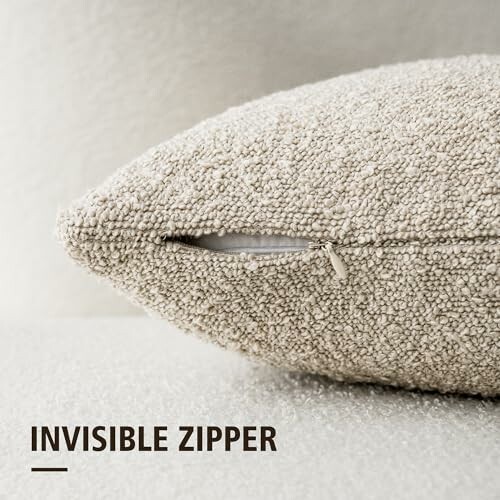 Closeup of a pillow with an invisible zipper partially open.