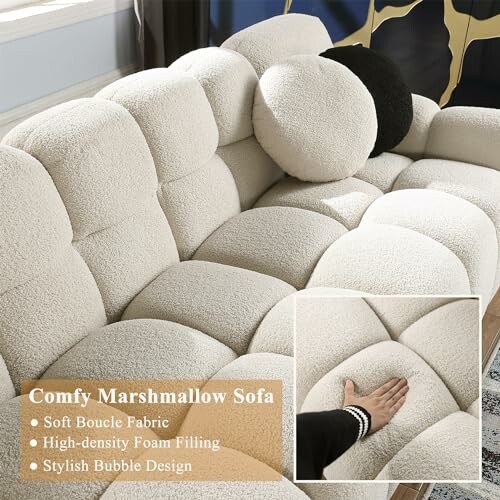 Comfy marshmallow sofa with soft boucle fabric and high-density foam filling.