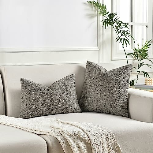 Two gray textured pillows on a white sofa with a blanket and plant in the background.