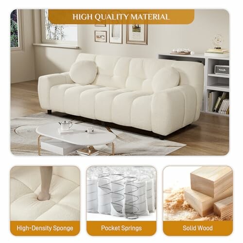 Cozy white sofa in living room with high-density sponge, pocket springs, solid wood.