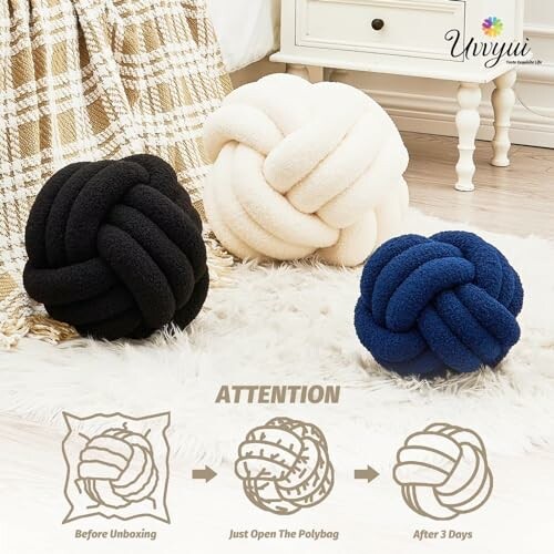 Three plush knot pillows in black, white, and blue on a checkered blanket with an unboxing guide illustration.