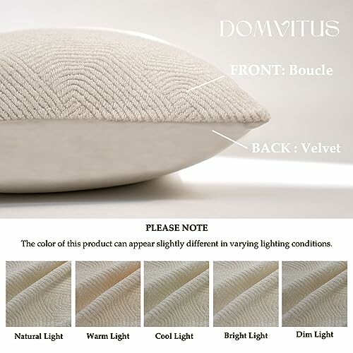 Decorative pillow with boucle front and velvet back, showing fabric texture in different lighting conditions.