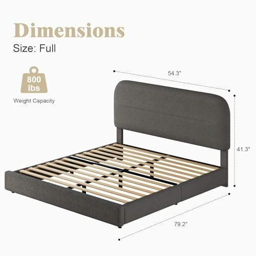 Full size bed frame with dimensions and weight capacity.