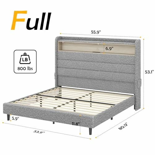 Full-size bed frame with measurements and weight capacity