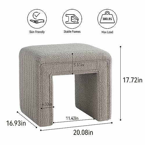 Gray upholstered stool with dimensions and features.