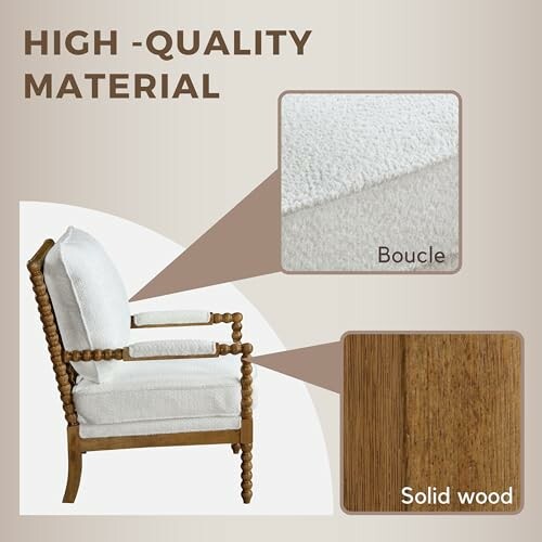 A Wooden chair with white boucle fabric and solid wood frame, showcasing its sturdy and elegant design.