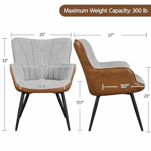 Dimensions and weight capacity of a modern accent chair with brown and gray upholstery.