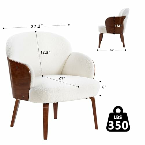 White modern accent chair with dimensions and weight capacity.