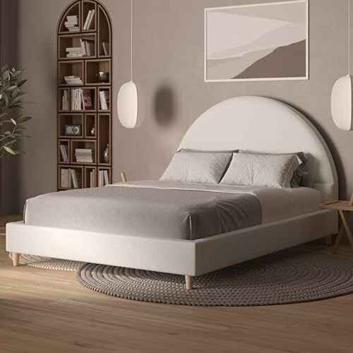 Modern bedroom with a round rug, bed, and wooden bookshelf.