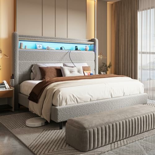 Modern bedroom with upholstered bed and decorative lighting