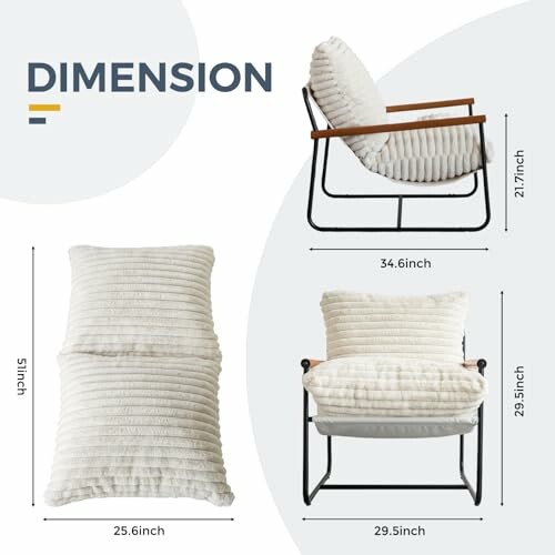 Modern chair with dimensions displayed.