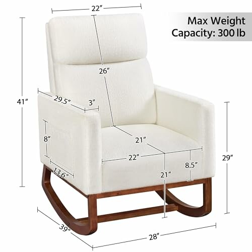 Modern rocking chair with dimensions and weight capacity.