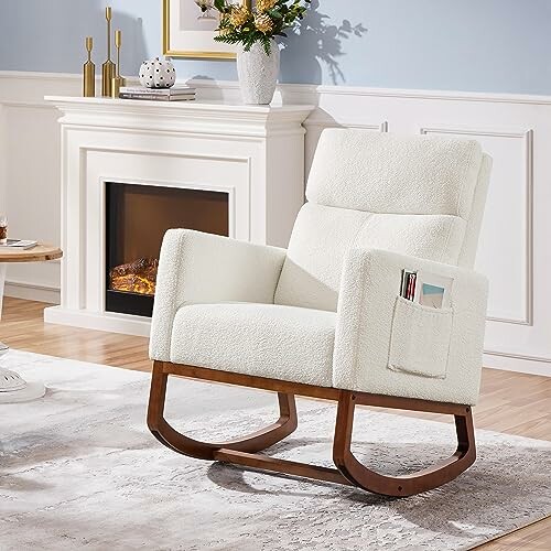 Modern white rocking chair in living room with fireplace.