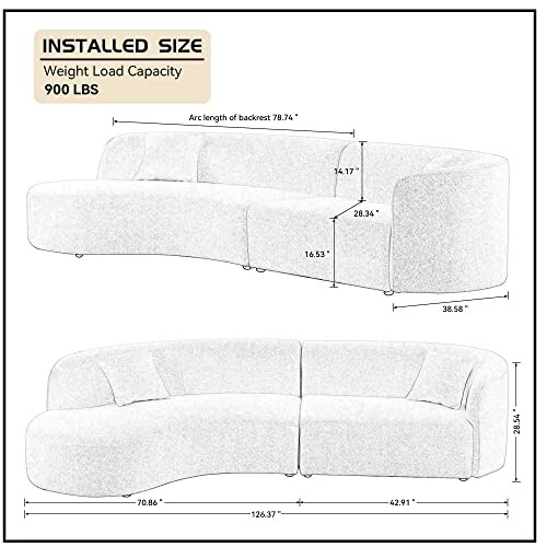 Diagram of a modern sectional sofa with dimensions and weight capacity.