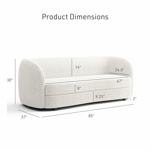 Modern sofa with dimensions labeled; 85x37x30 inches.