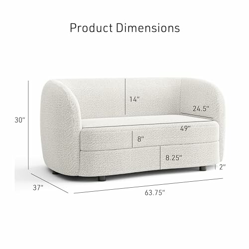 Dimensions of a modern white sofa with rounded edges