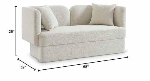 Modern sofa with measurements of 28 inches tall, 32 inches deep, and 68 inches wide.