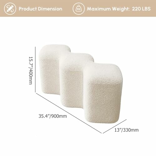 Three white modern stools with dimensions and weight capacity.