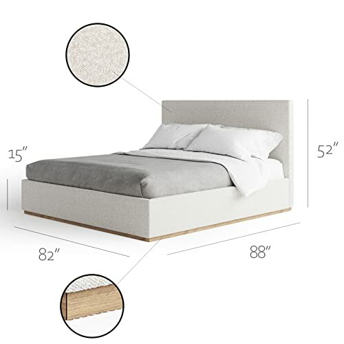 Diagram of a modern upholstered bed with dimensions and material close-ups.