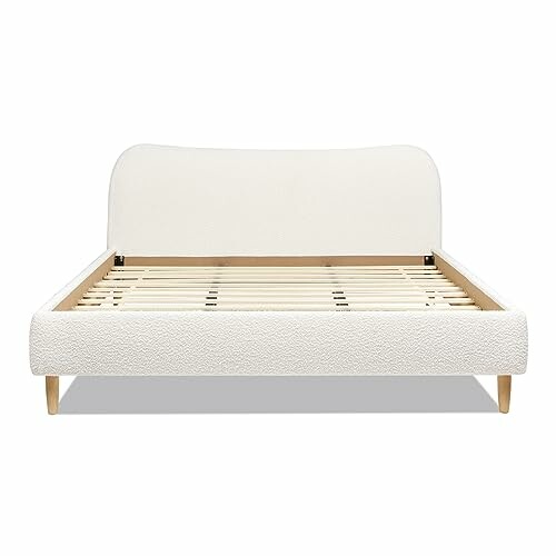 Minimalist white upholstered bed frame with wooden legs