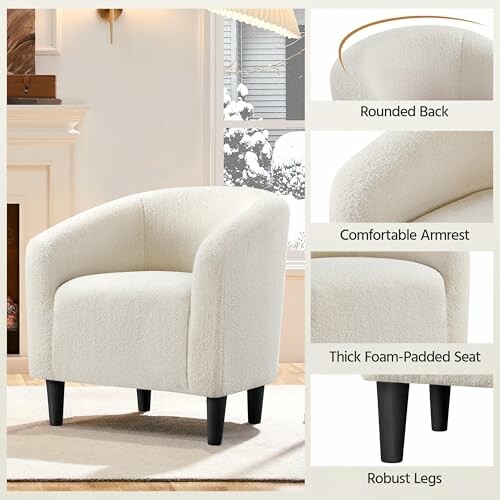 White accent chair with rounded back, comfortable armrest, thick foam seat, and robust legs.