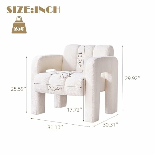 Modern white armchair with dimensions labeled.