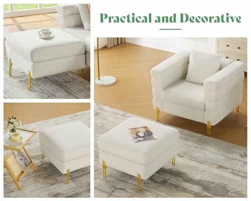 Modern white armchair and ottoman on a stylish rug with decorative accents.