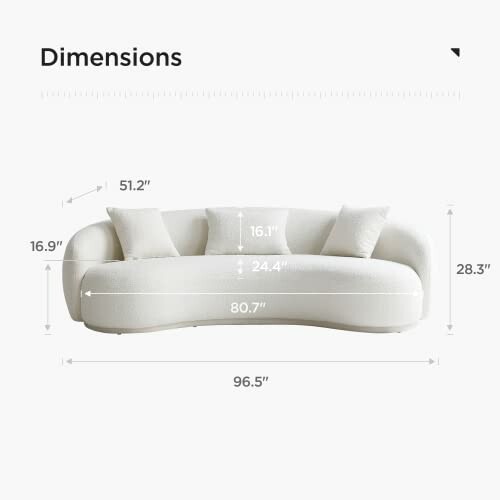 White modern sofa with dimensions labeled