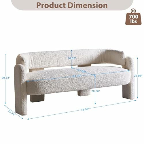 Dimensions of a modern white sofa with weight capacity of 700 lbs.