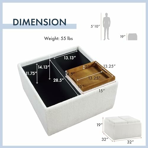 Ottoman storage dimensions and weight details