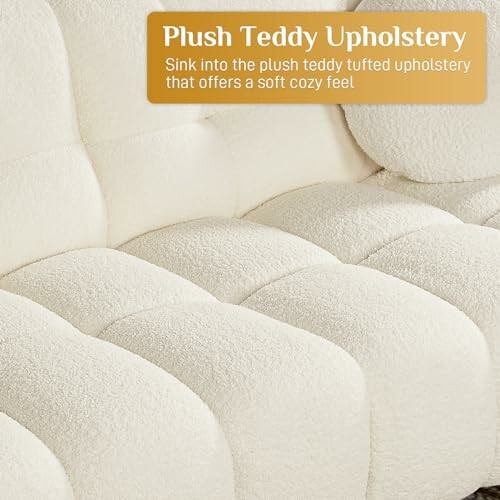 Close-up of plush teddy upholstered furniture with tufted design.