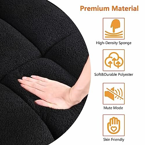 Hand pressing black cushion with icons for premium material, high-density sponge, soft polyester, mute mode, and skin friendly features.