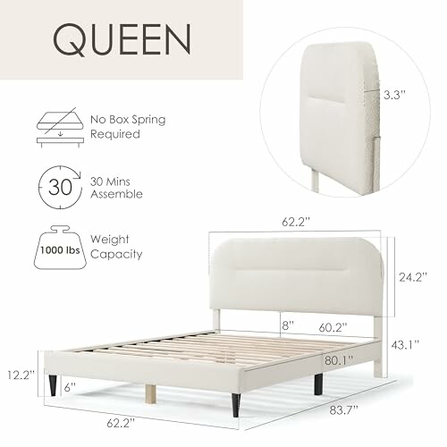 Dimensions and features of a queen bed frame with assembly time and weight capacity.