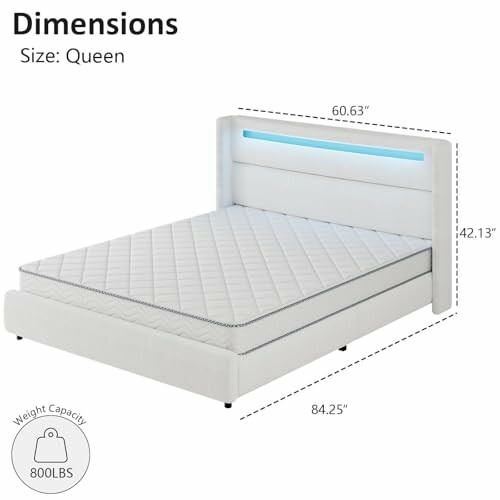 Queen size bed dimensions with illuminated headboard.