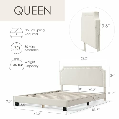 Diagram of a queen size bed frame with measurements and features.