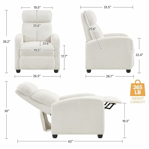 Dimensions and weight capacity of a white recliner chair.