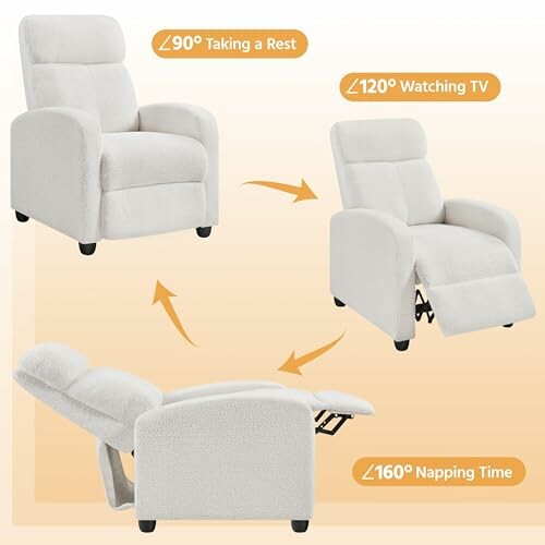 Recliner chair showing different positions: 90 degrees for resting, 120 degrees for watching TV, 160 degrees for napping.