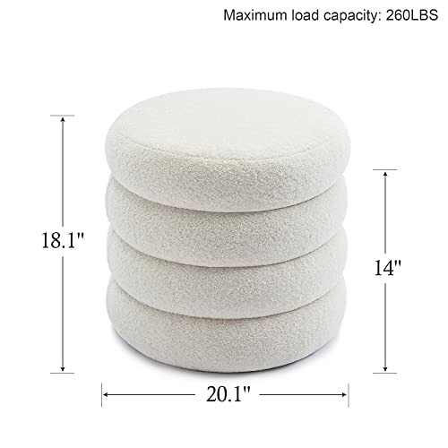 White fuzzy round stool with dimensions and weight capacity, showcasing its stylish design and function.