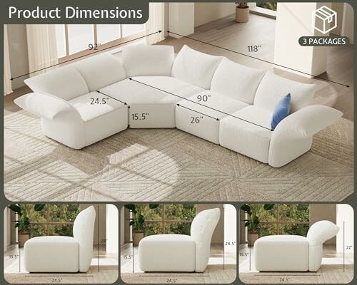 White sectional sofa with dimensions labeled in living room setting