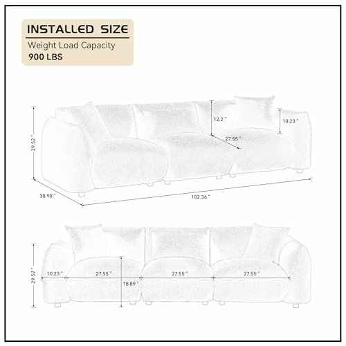 Diagram showing sofa dimensions and weight load capacity of 900 lbs.