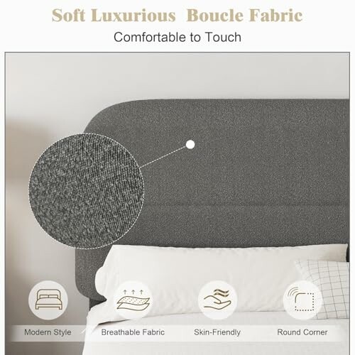 Soft luxurious boucle fabric headboard with modern style and features icons.