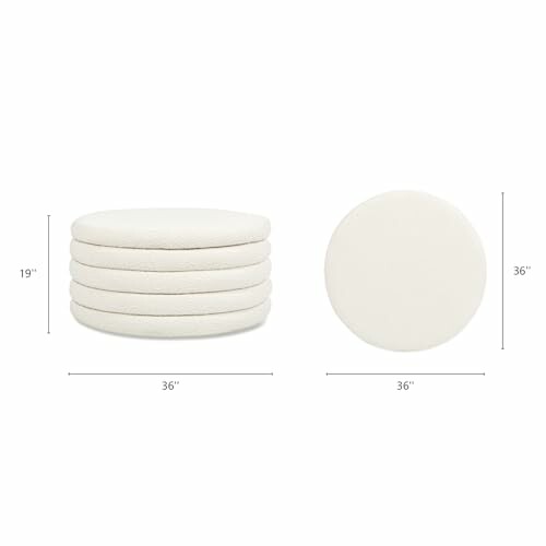 Stack of round white cushions with dimensions