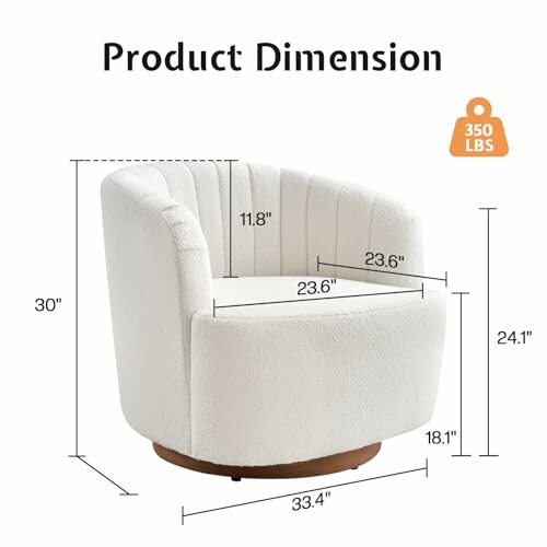 White swivel accent chair with dimensions and weight limit.