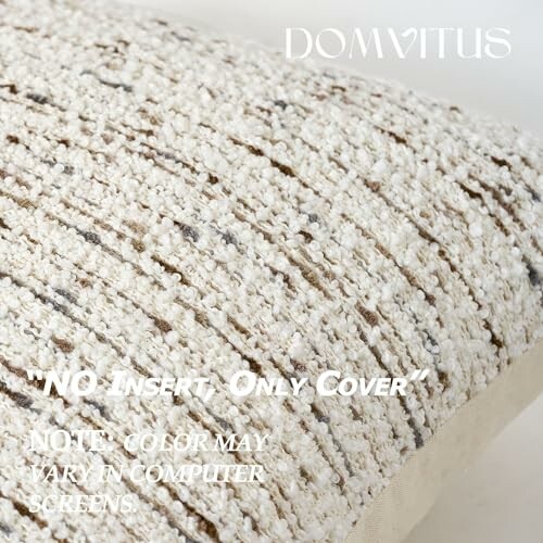 Close-up of a textured pillow cover with text overlay.