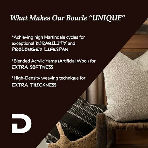 Boucle fabric features: durability, softness, thickness.