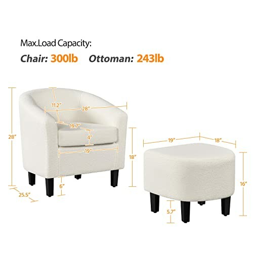 White accent chair and ottoman with load capacity details.